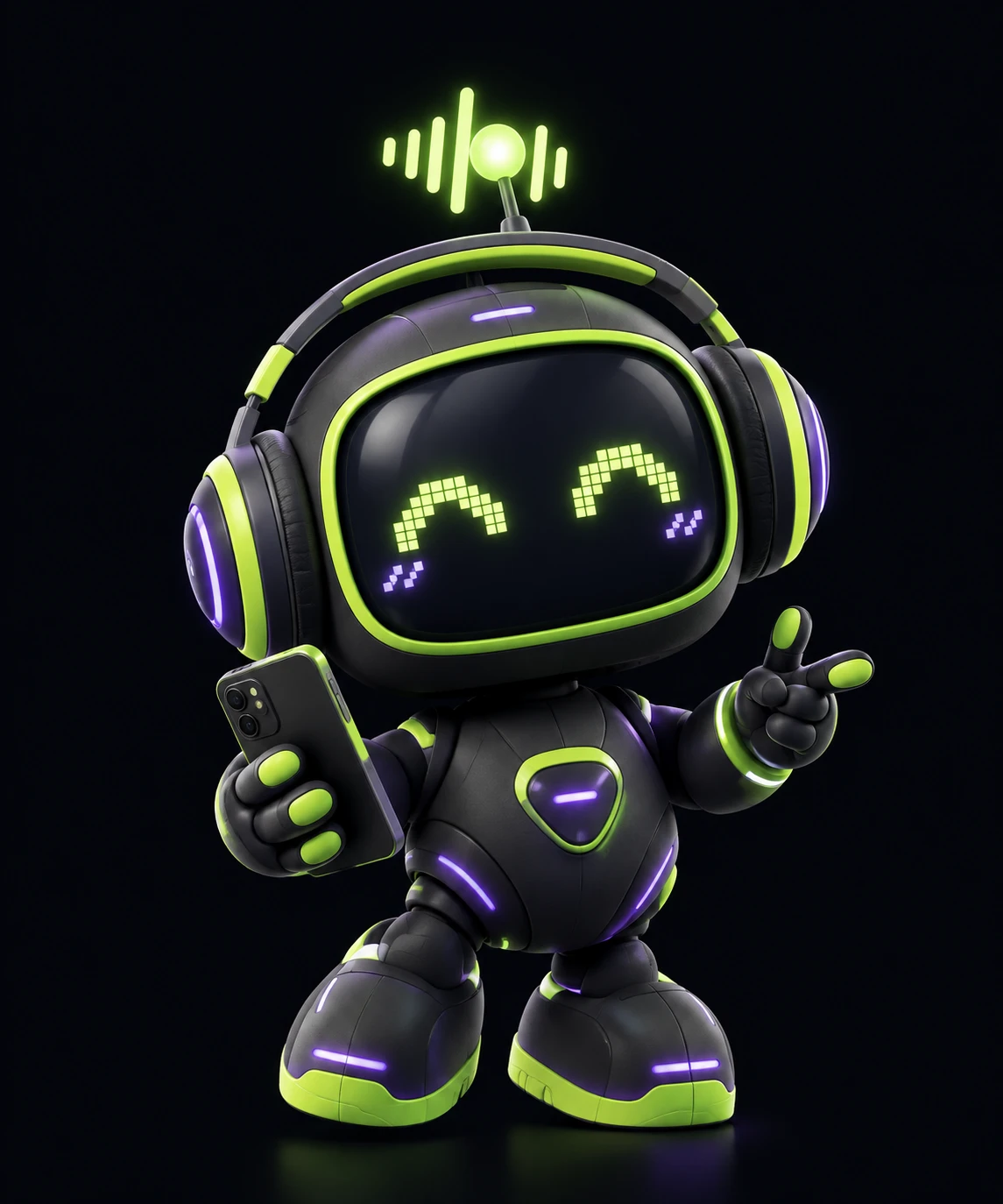 Voxi, la mascota de Tipvox: un robot con auriculares y un celular en la mano, haciendo el gesto de la paz.